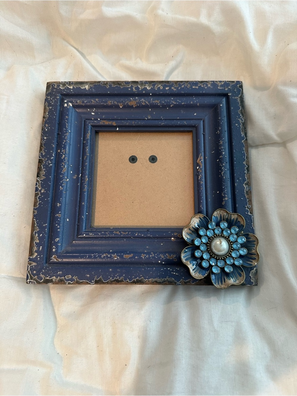 Distressed Navy Blue Decorative Picture Frame with Floral Accent